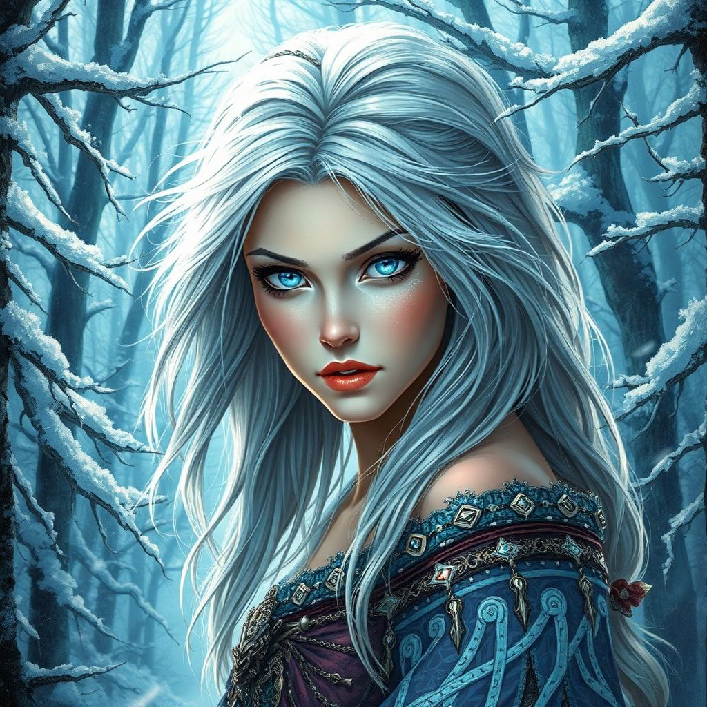 mystical young woman with silver hair and glowing blue eyes stands amidst an ancient, snow-laden forest