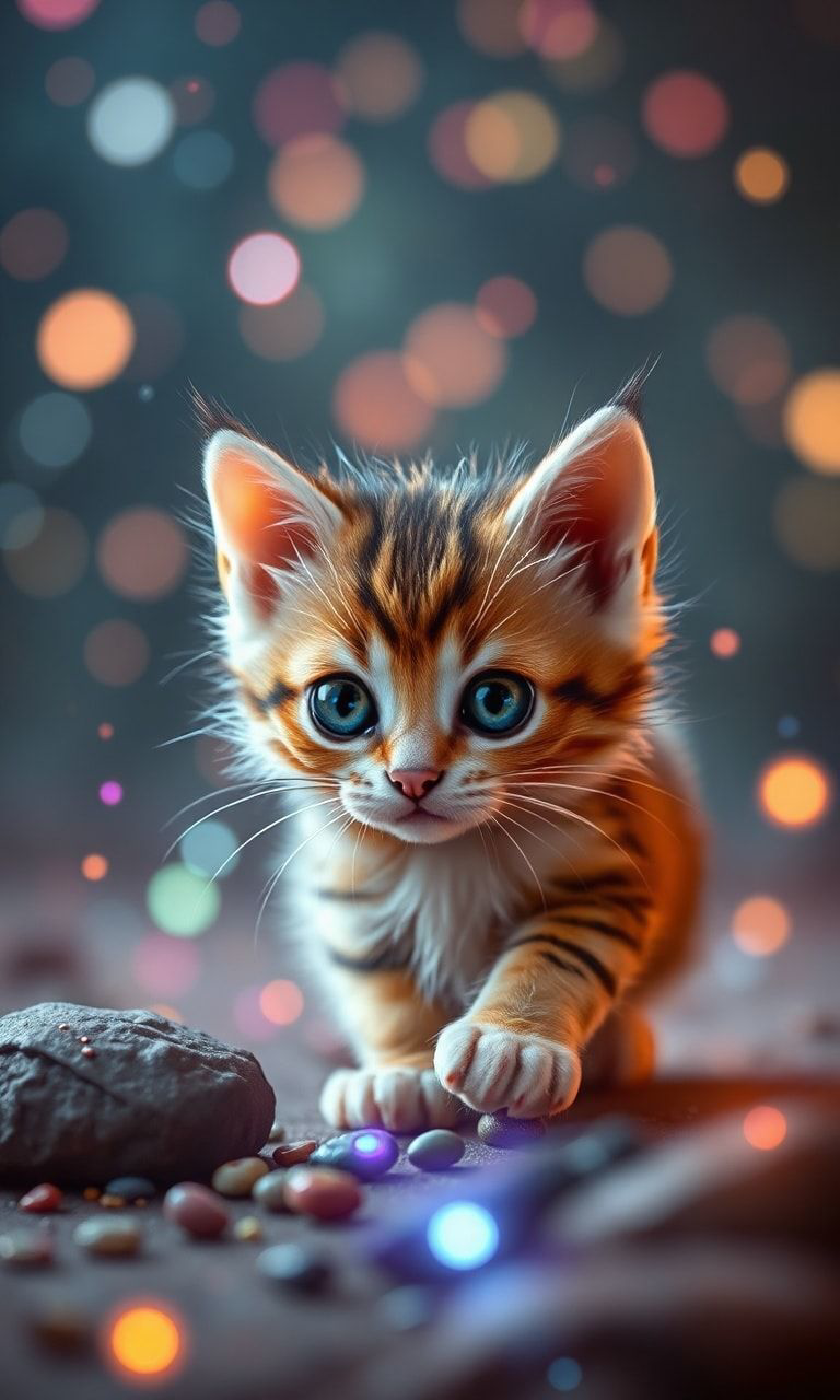 Tiny kitty, fantasy style, filmic score like