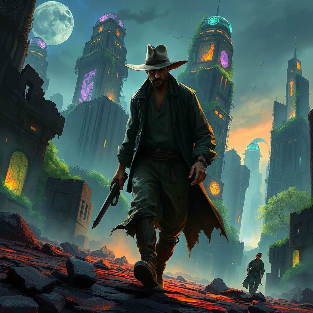 A solitary traveler in a frayed, oil-stained duster trudges through the ruins of a forgotten metropolis, its crumbling skyscrapers choked by bioluminescent vines that pulse with an eerie glow under...