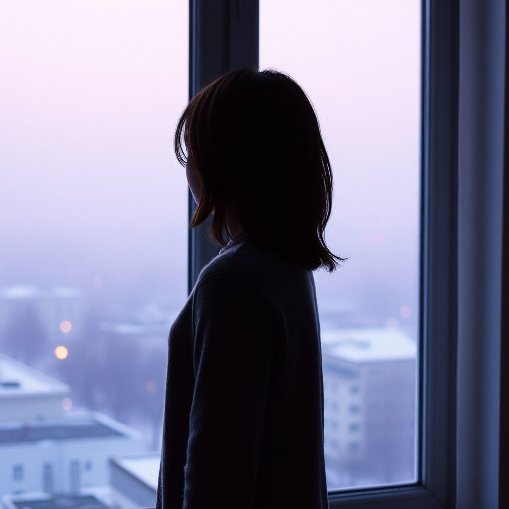 A girl stands inside a quiet room, facing away, looking out through a window. Outside, a foggy February winter unfolds — light snowfall drifts slowly through the air, and the sky glows with soft violet and muted purple tones. The city beyond the glass feels distant and blurred by mist. Cold winter light enters the room gently, casting subtle shadows. The atmosphere is calm, introspective, and emotional, capturing a moment of stillness and inner change. Cinematic composition, soft diffused lighting, shallow depth of field, cool color palette with violet accents, misty winter mood, realistic textures, gentle film grain, intimate and poetic atmosphere, like a scene from a quiet winter film.