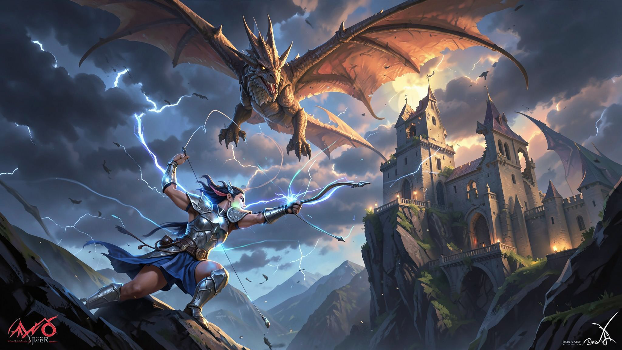 A lone elven archer, clad in silver armor, draws back a glowing bow as a majestic dragon soars above a crumbling medieval castle perched on a jagged cliff, storm clouds swirling violently in the tw...