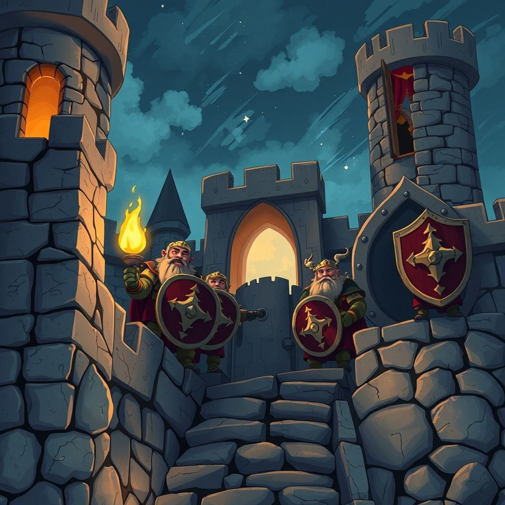 Cartoon style dwarven fantasy video, animated style, anime art style. Dwarven fortress under siege—shields along parapets, gates holding, torchlight on stone, slow dramatic camera along the walls, steadfast defense mood, high quality visual effects, family-friendly fantasy aesthetic