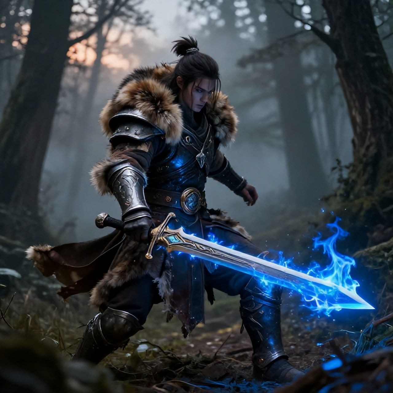 A battle-worn fantasy warrior, clad in tattered fur and enchanted steel, stands amidst a mist-shrouded forest at dusk, his sword glowing with ethereal blue flames as he faces an unseen foe, surroun...