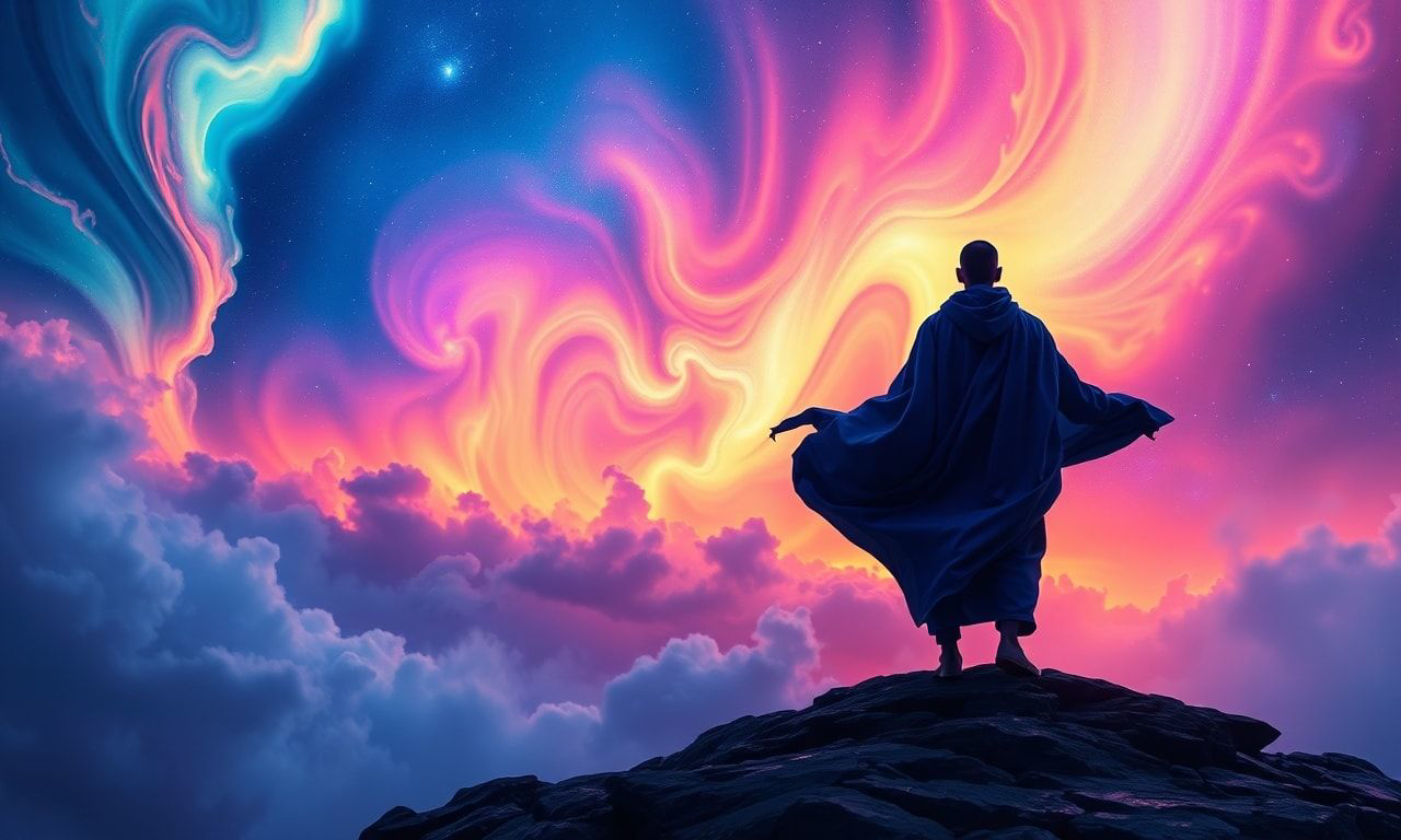 A lone traveler in a flowing indigo robe stands at the precipice of an infinite cosmic storm, their silhouette bathed in the radiant hues of a celestial aurora, as swirling tendrils of luminous gas...