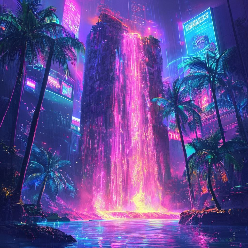 A towering neon-lit waterfall cascades into a bioluminescent lagoon, its mist glowing under the flicker of holographic billboards. Cybernetic palm trees sway in the artificial breeze, their fronds ...