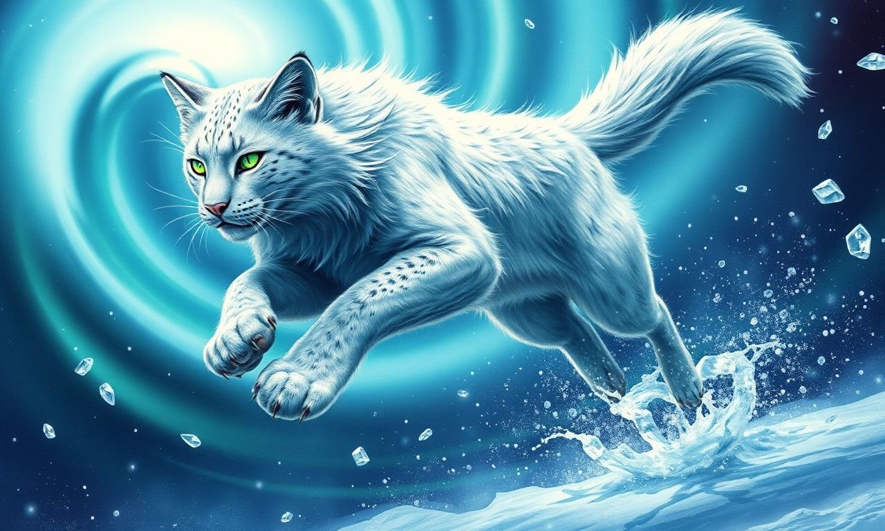 A majestic silver-furred feline with glowing emerald eyes leaps gracefully through a swirling aurora borealis, its tail trailing like a comet, surrounded by floating ice crystals and shimmering snow