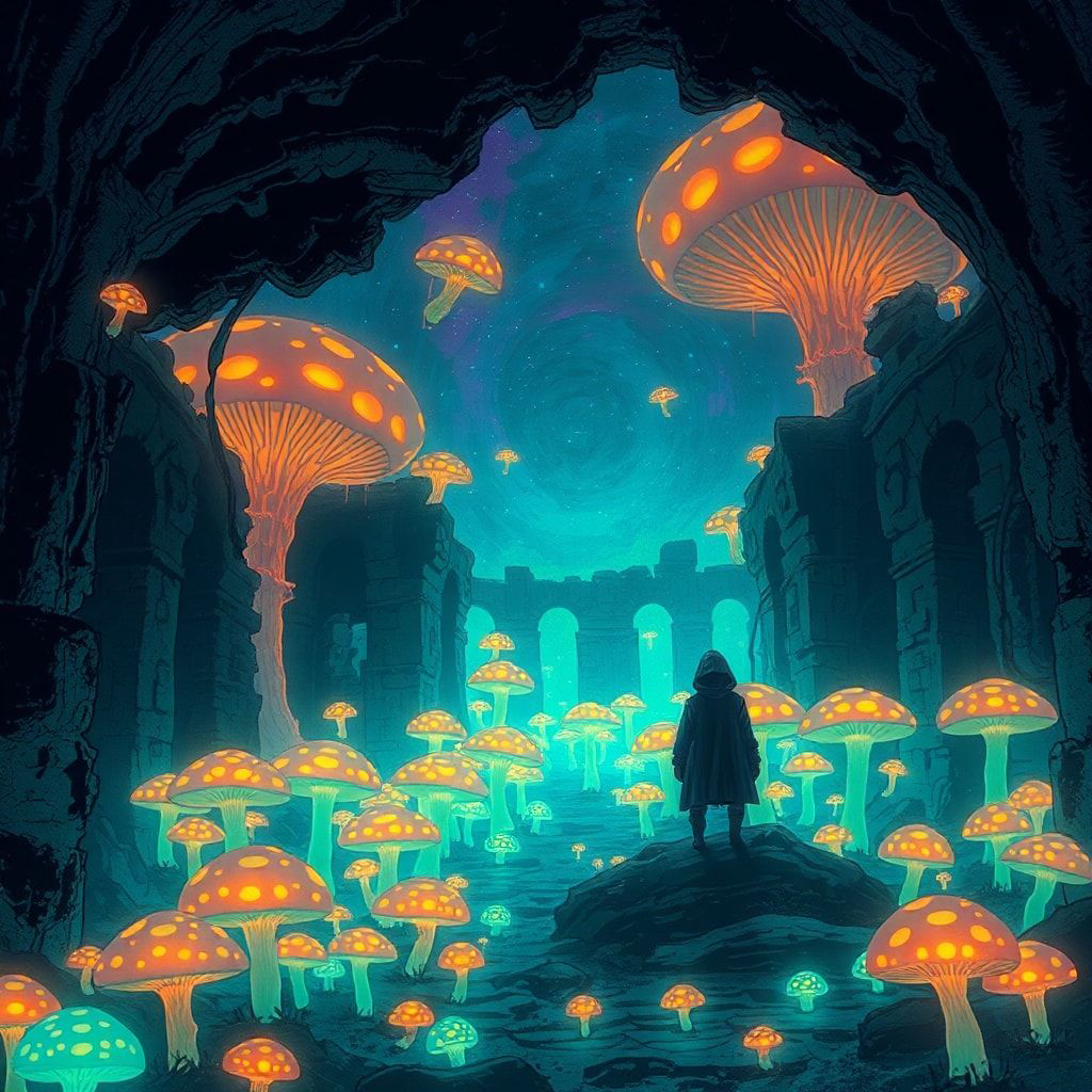 bioluminescent fungi pulse in the ruins below. A lone, hooded figure stands..