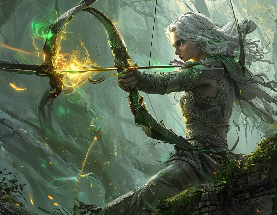 A lithe, silver-haired archer with emerald eyes draws her enchanted bow, arrow glowing with arcane energy, perched on a moss-covered ruin in an ancient forest. Mist swirls around her ankles as gold...