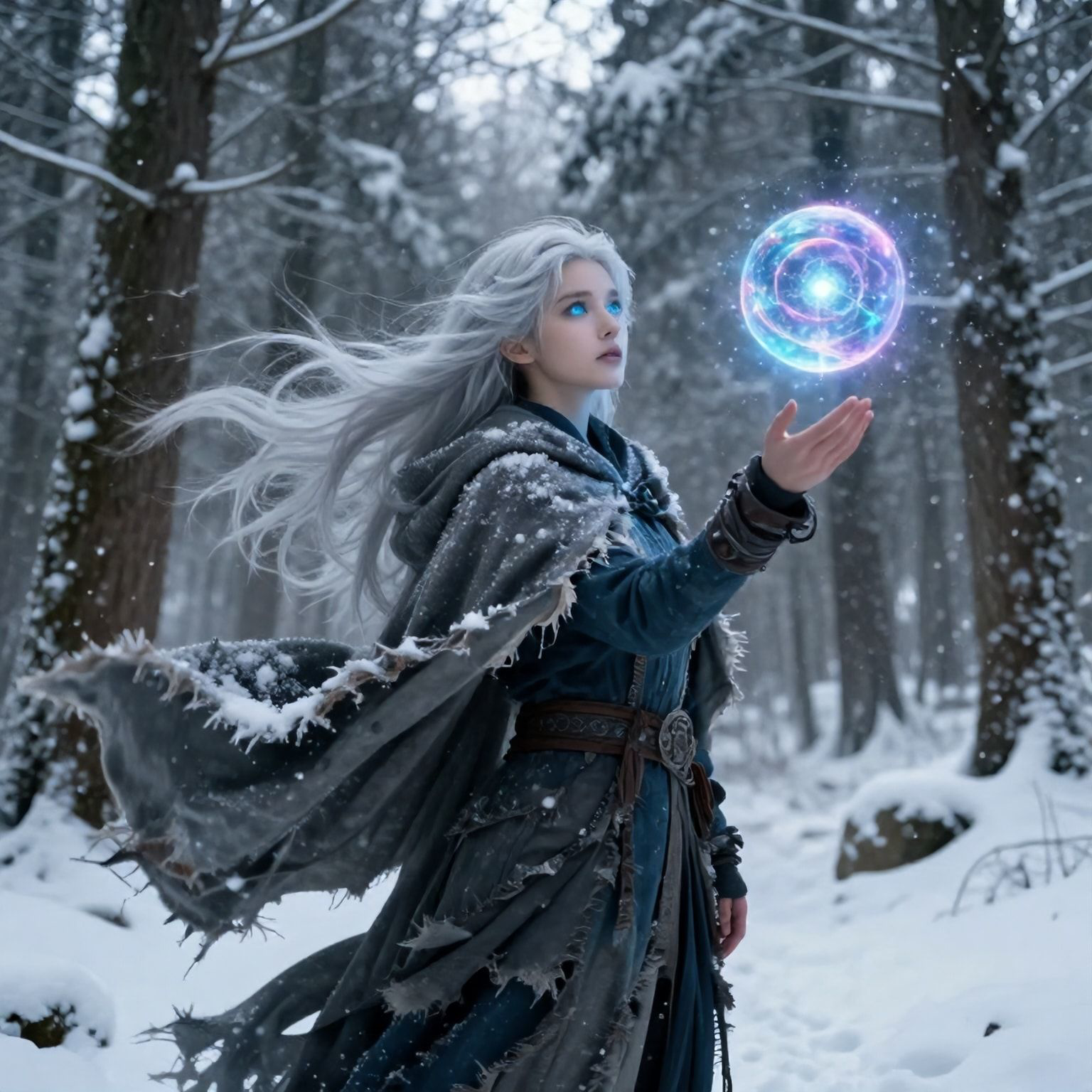 A mystical young woman with silver hair and glowing blue eyes stands amidst an ancient, snow-laden forest, her tattered cloak billowing in the icy wind as she gazes at a floating orb of ethereal li...