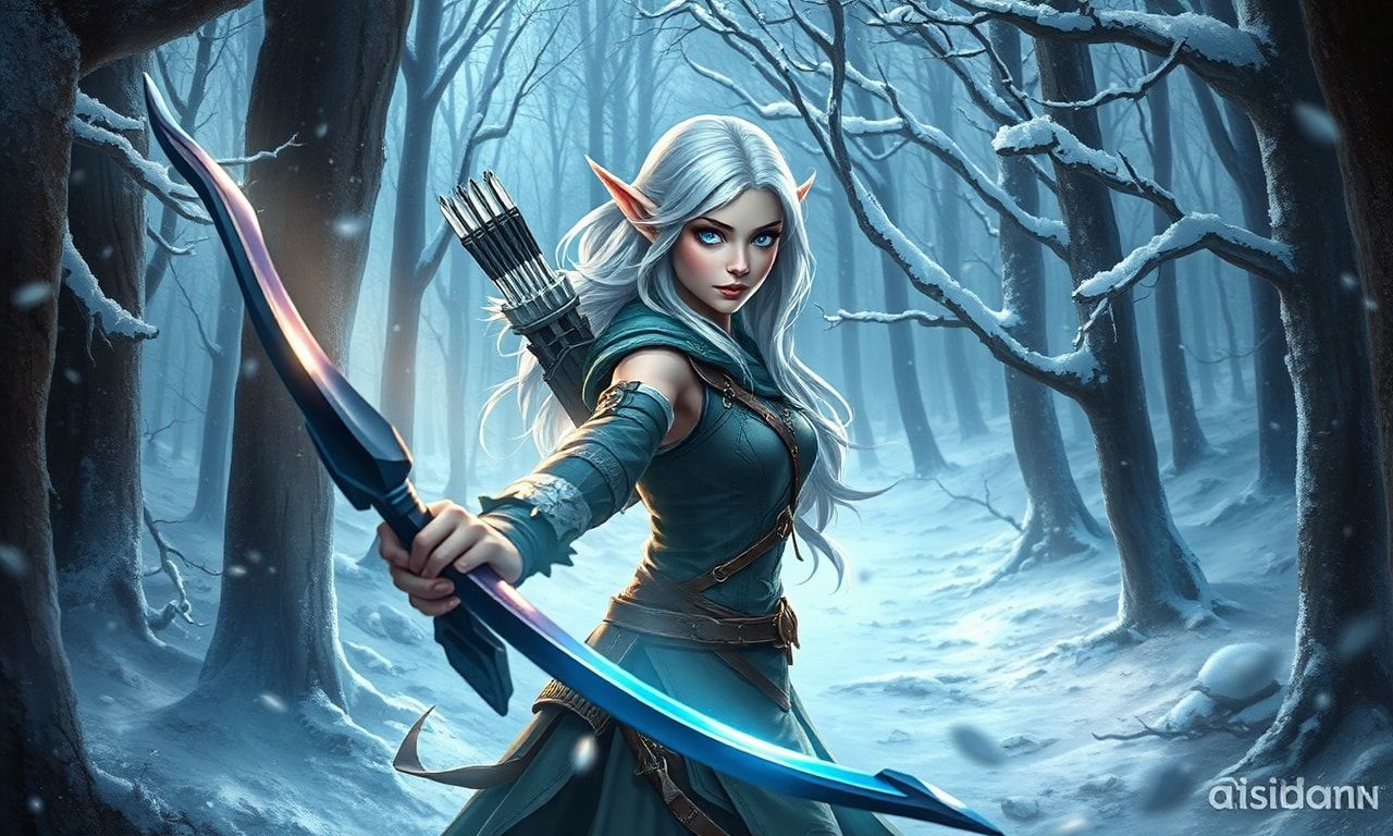 mystical young woman elf with silver hair and glowing blue eyes stands amidst an ancient, snow-laden forest, elven archer