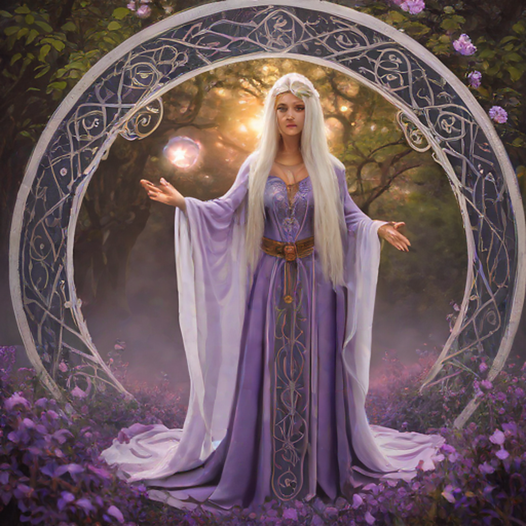 Elven magic circle ritual fantasy scene, beautiful elven maiden with long flowing silver hair standing inside a glowing magical circle, elegant elven woman in a flowing violet and silver dress with a serene expression, ancient runes and symbols forming a luminous circle on the ground, protective ward rising like a dome of light, other elven figures joining hands at the circle edge, sacred grove at night, soft moonlight and mystical particles, cinematic composition, cartoon style, anime art style, fantasy art style, mystical and protective mood, detailed and atmospheric, ethereal beauty, animated style, vibrant colors, cartoon style