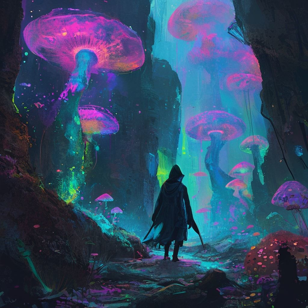 bioluminescent fungi pulse in the ruins below. A lone, hooded figure stands..