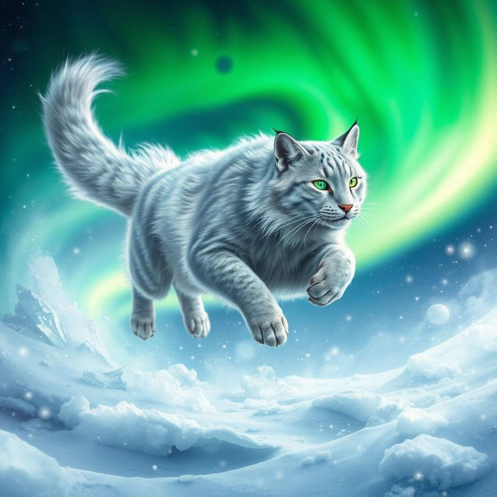 A majestic silver-furred feline with glowing emerald eyes leaps gracefully through a swirling aurora borealis, its tail trailing like a comet, surrounded by floating ice crystals and shimmering sno...