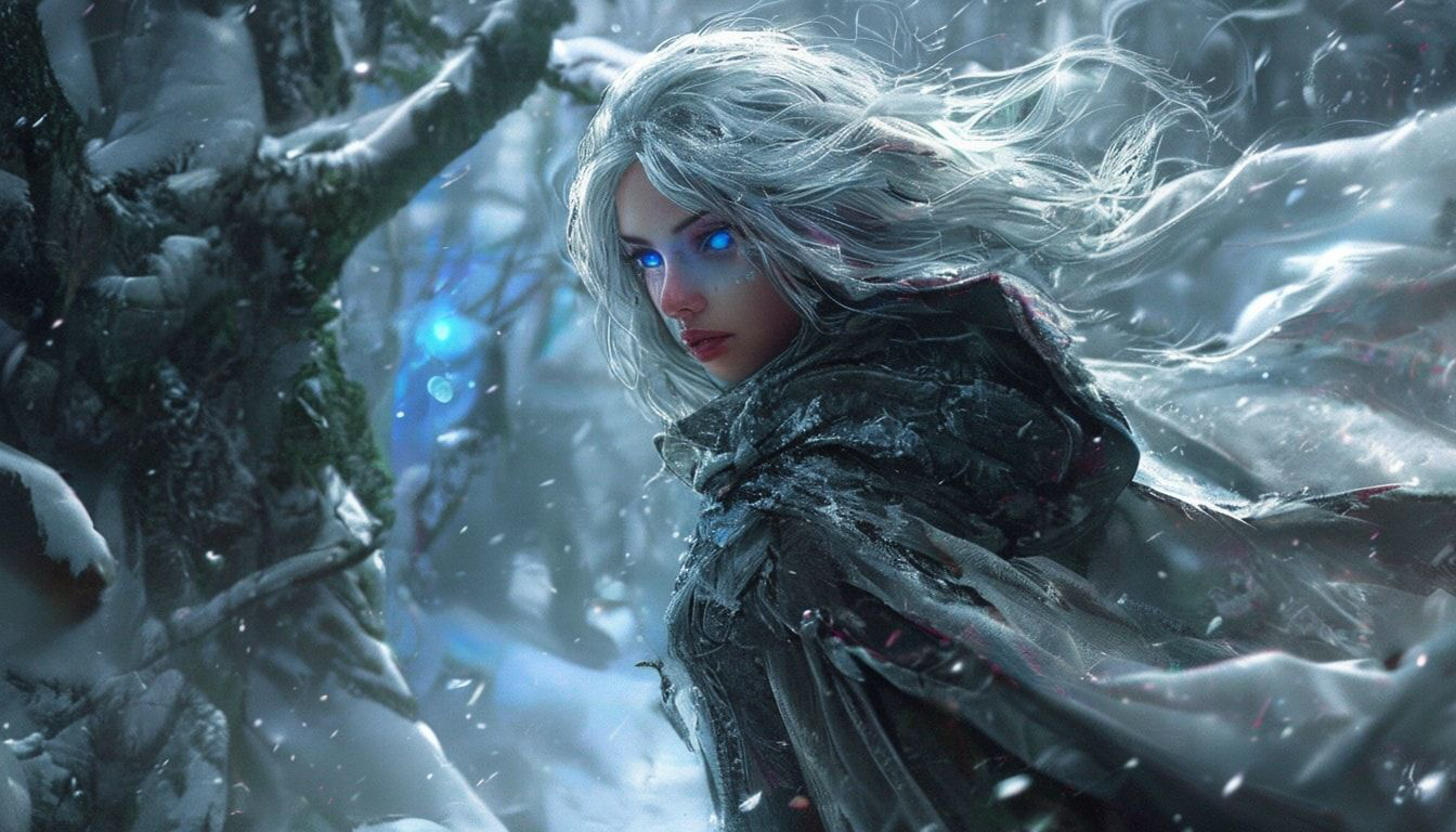 A mystical young woman with silver hair and glowing blue eyes stands amidst an ancient, snow-laden forest, her tattered cloak billowing in the icy wind as she gazes at a floating orb of ethereal li...