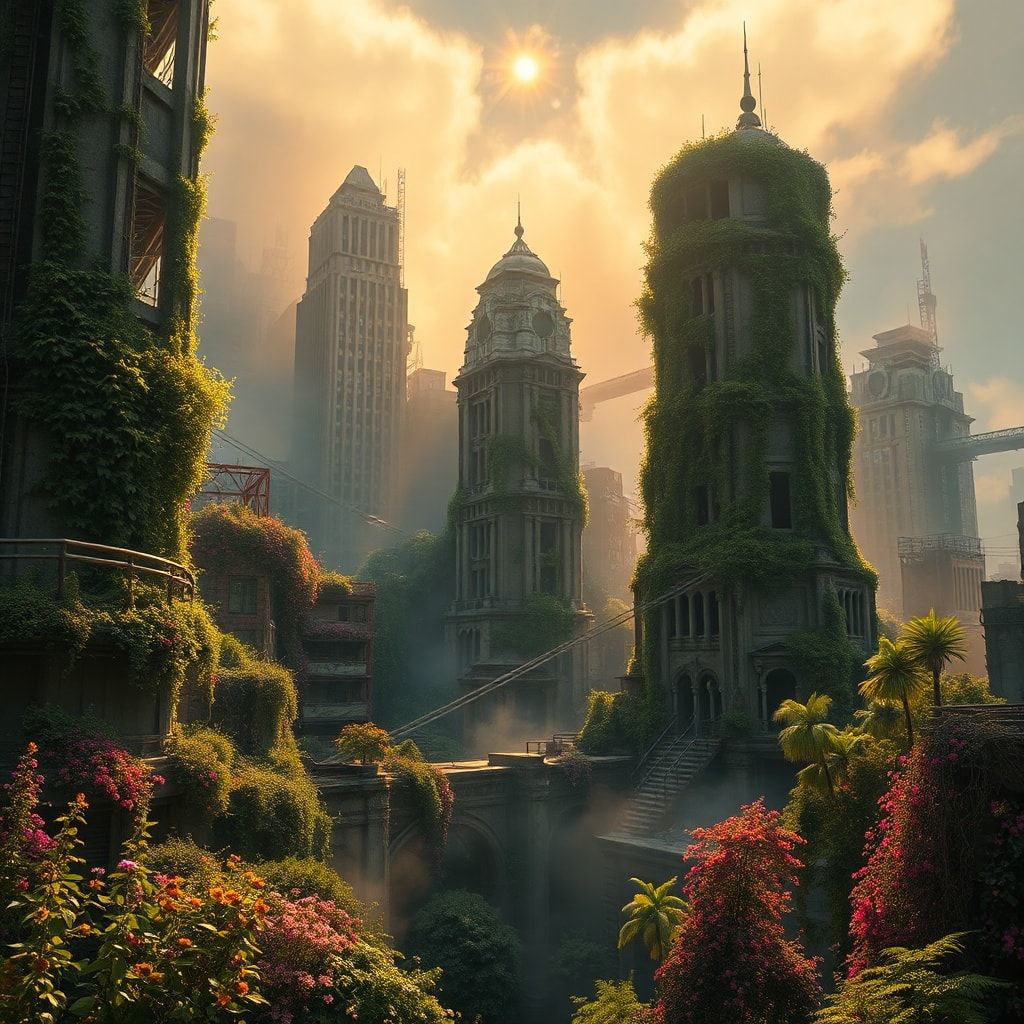 A sprawling abandoned metropolis reclaimed by lush, vibrant foliage, towering skyscrapers draped in ivy and wildflowers, golden sunlight piercing through dense mist, casting dramatic shadows across...