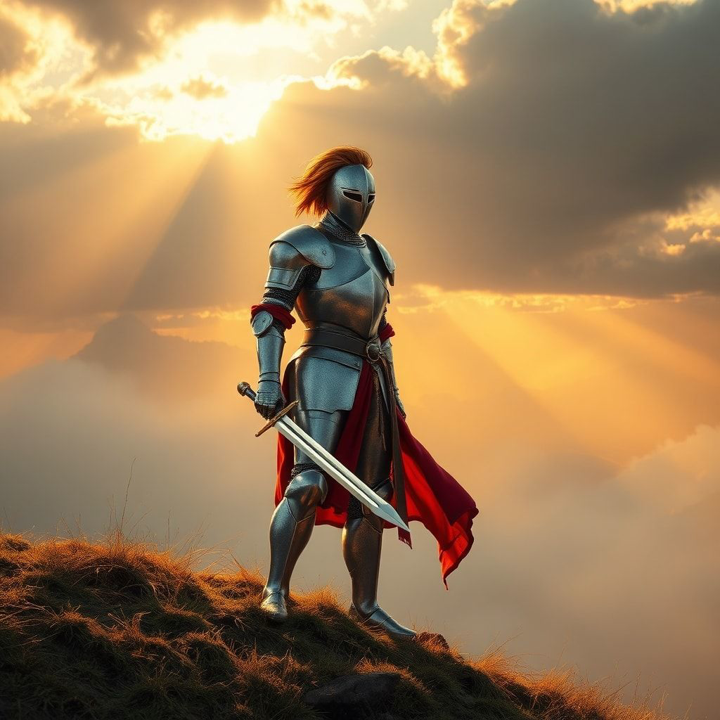 A lone knight in polished silver armor stands atop a misty hill at dawn, his sword gleaming as golden sunlight breaks through the clouds, casting long dramatic shadows. The wind rustles his crimson...