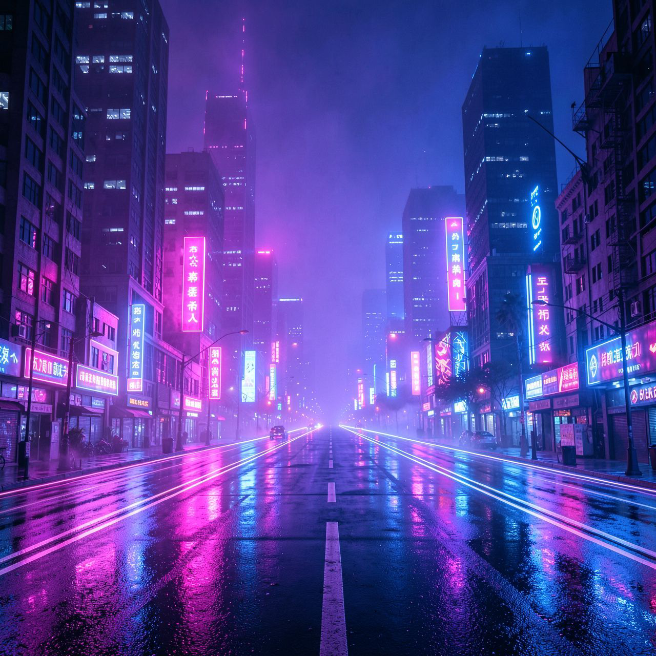 A cinematic synthwave cyberpunk city at night: endless neon-lit roads stretch through a futuristic metropolis. Skyscrapers glow with pink, purple, and electric blue lights, disappearing into thick violet-blue fog. Wet asphalt reflects pure neon light and abstract holographic glow, creating a dreamlike, retro-futuristic atmosphere. The city feels vast, lonely, and epic, like the fall of a digital world. Strong synthwave aesthetics, 80s cyberpunk mood, glowing lights, neon haze, wide-angle perspective, cinematic lighting, retro-futurism, ultra-detailed, high contrast, album cover, 4K, no text, no letters, no symbols, no logos, no signage.