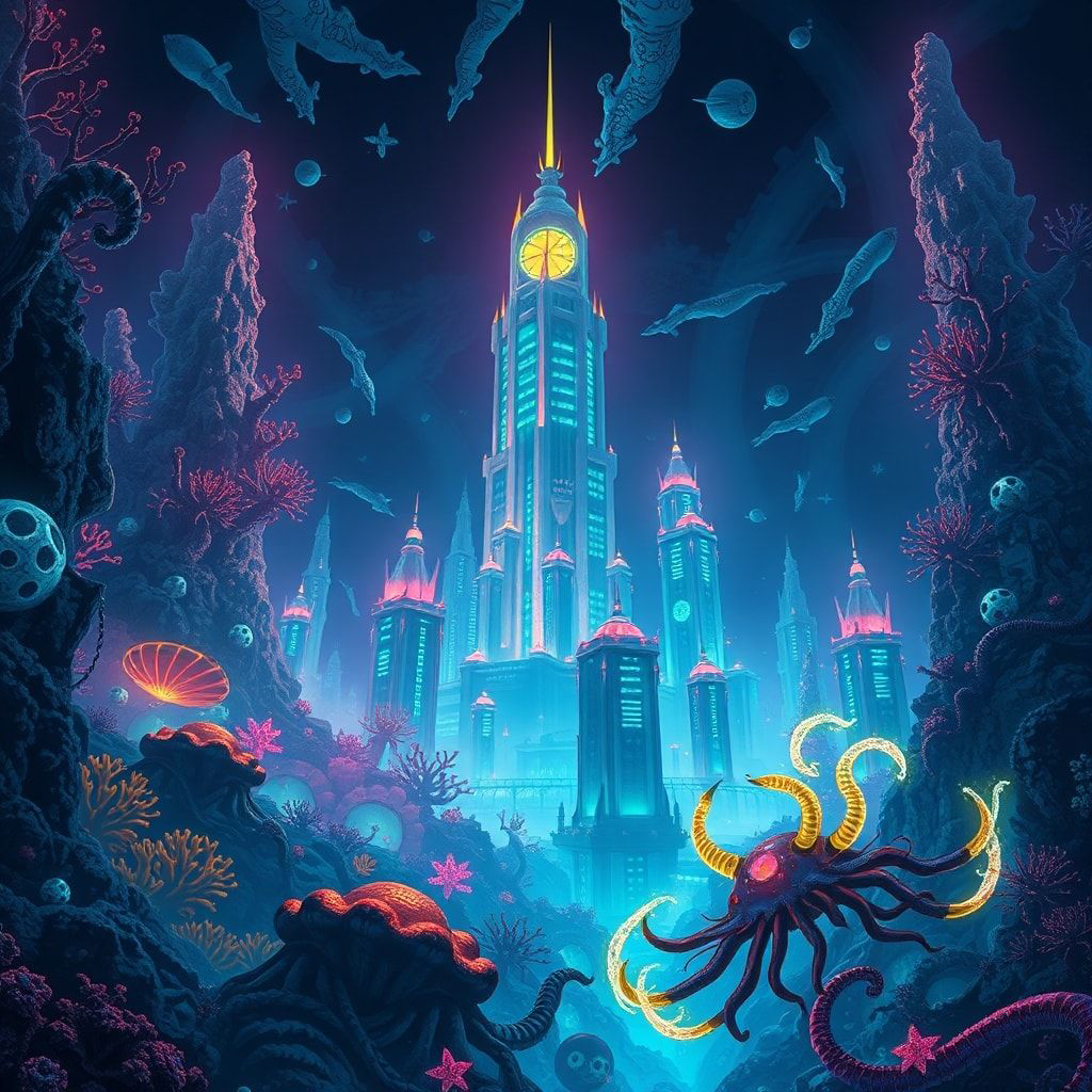 A neon-lit underwater city bathed in eerie bioluminescent glow, towering coral skyscrapers casting jagged shadows, mysterious creatures with glowing tendrils drifting through the murky depths, high...