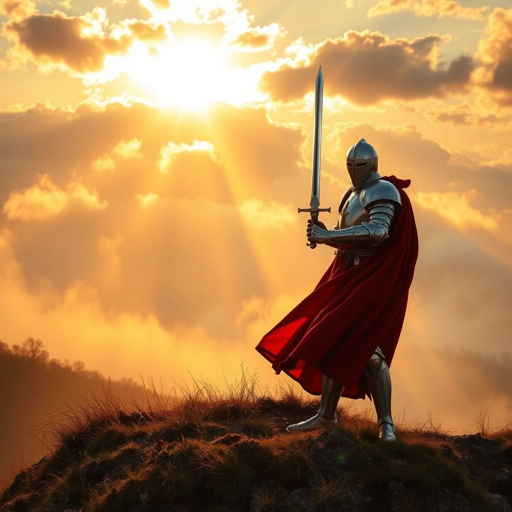 A lone knight in polished silver armor stands atop a misty hill at dawn, his sword gleaming as golden sunlight breaks through the clouds, casting long dramatic shadows. The wind rustles his crimson...