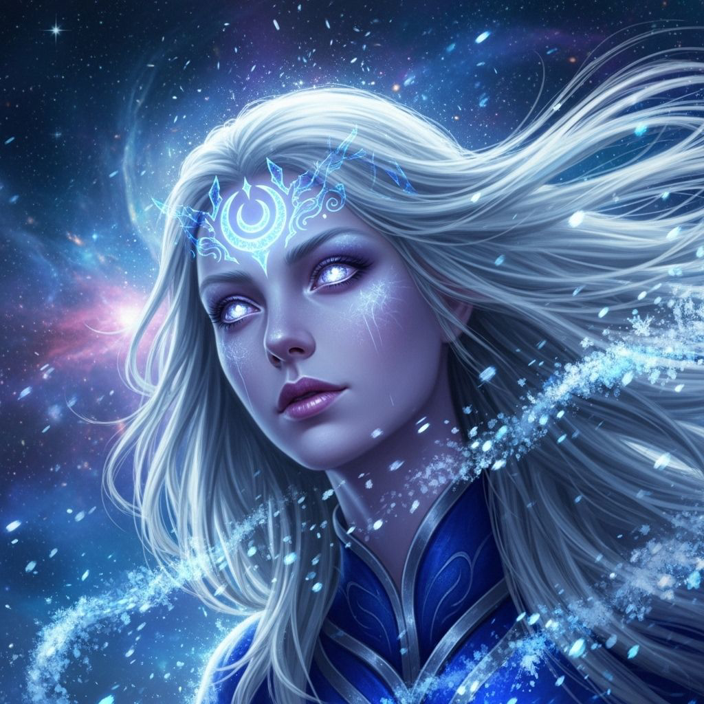 ethereal frozen oracle girl, pale icy skin, white-silver hair, luminous moon sigil, frost particles, cosmic silence, cinematic ultra-detailed
