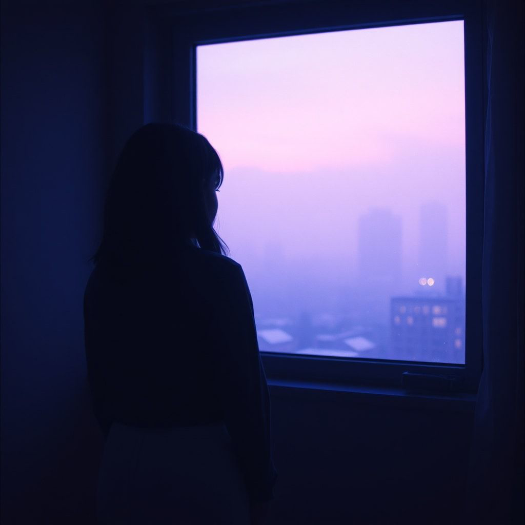 A girl stands inside a quiet room, facing away, looking out through a window. Outside, a foggy February winter unfolds — light snowfall drifts slowly through the air, and the sky glows with soft violet and muted purple tones. The city beyond the glass feels distant and blurred by mist. Cold winter light enters the room gently, casting subtle shadows. The atmosphere is calm, introspective, and emotional, capturing a moment of stillness and inner change. Cinematic composition, soft diffused lighting, shallow depth of field, cool color palette with violet accents, misty winter mood, realistic textures, gentle film grain, intimate and poetic atmosphere, like a scene from a quiet winter film.