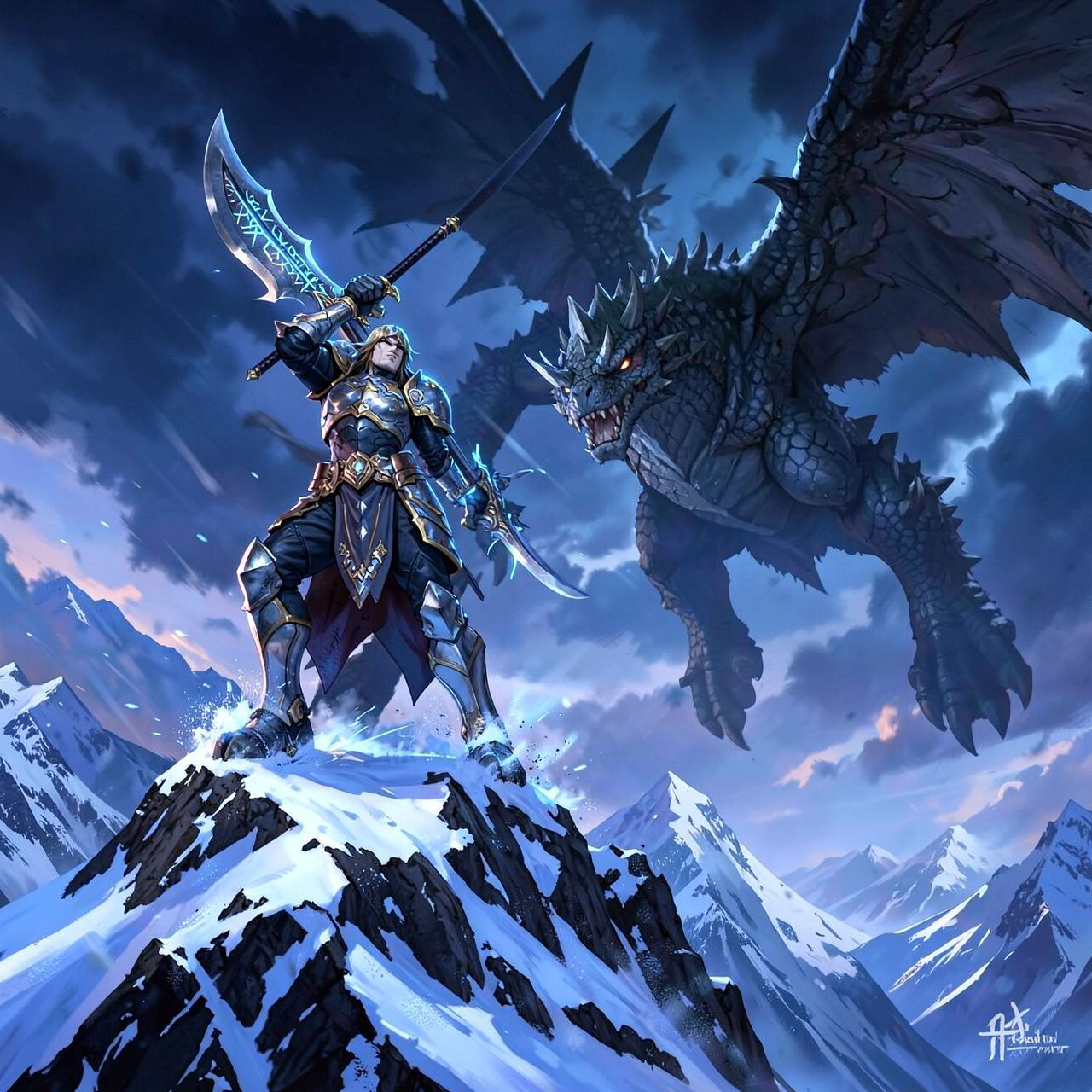 A towering, armored warrior stands atop a snow-capped peak, wielding a glowing rune-etched blade as a colossal, scaled beast descends from storm-wracked skies, its wings casting jagged shadows over...
