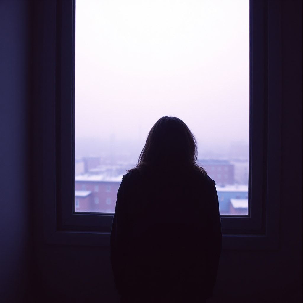 A girl stands inside a quiet room, facing away, looking out through a window. Outside, a foggy February winter unfolds — light snowfall drifts slowly through the air, and the sky glows with soft violet and muted purple tones. The city beyond the glass feels distant and blurred by mist. Cold winter light enters the room gently, casting subtle shadows. The atmosphere is calm, introspective, and emotional, capturing a moment of stillness and inner change. Cinematic composition, soft diffused lighting, shallow depth of field, cool color palette with violet accents, misty winter mood, realistic textures, gentle film grain, intimate and poetic atmosphere, like a scene from a quiet winter film.