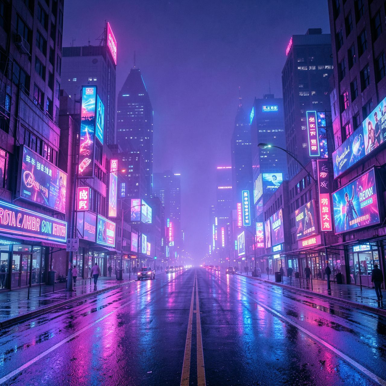 A cinematic synthwave cyberpunk city at night: endless neon-lit roads stretch through a futuristic metropolis. Skyscrapers glow with pink, purple, and electric blue lights, disappearing into thick violet-blue fog. Wet asphalt reflects neon signs and holographic billboards, creating a dreamlike, retro-futuristic atmosphere. The city feels vast, lonely, and epic, like the fall of a digital world. Strong synthwave aesthetics, 80s cyberpunk mood, glowing lights, neon haze, wide-angle perspective, cinematic lighting, retro-futurism, ultra-detailed, high contrast, album cover, 4K.