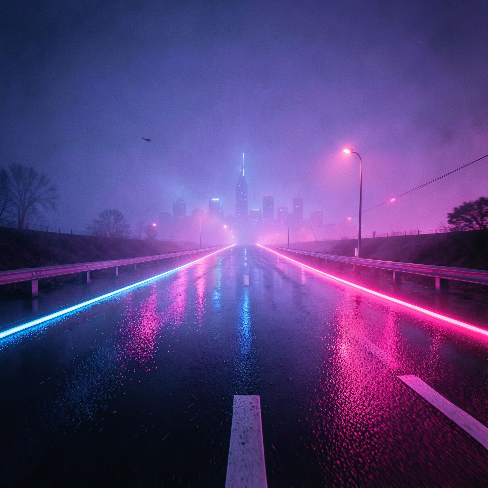 A cinematic synthwave scene at night: a long, empty futuristic road dominates the foreground, glowing with neon pink and electric blue light. Wet asphalt reflects the neon glow, creating strong symmetrical reflections and a sense of motion and depth. In the far distance, a futuristic city skyline is barely visible through thick violet-blue fog, reduced to soft silhouettes with no visible details. The focus is entirely on the road and atmosphere, not the buildings. The mood is lonely, epic, and retro-futuristic, inspired by synthwave aesthetics. 80s cyberpunk mood, neon haze, minimal city presence, wide-angle perspective, cinematic lighting, retro-futurism, ultra-detailed, high contrast, album cover, 4K, no text, no signs, no billboards, no letters, no symbols, no logos.
