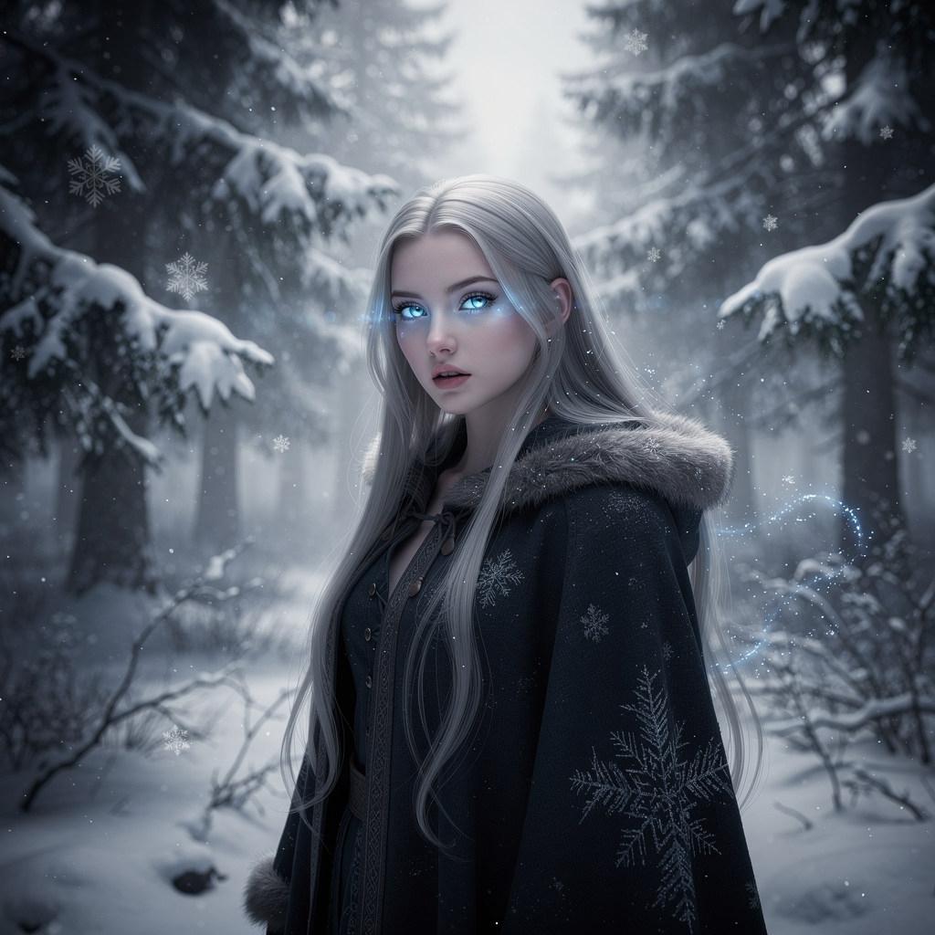 mystical young woman with silver hair and glowing blue eyes stands amidst an ancient, snow-laden forest