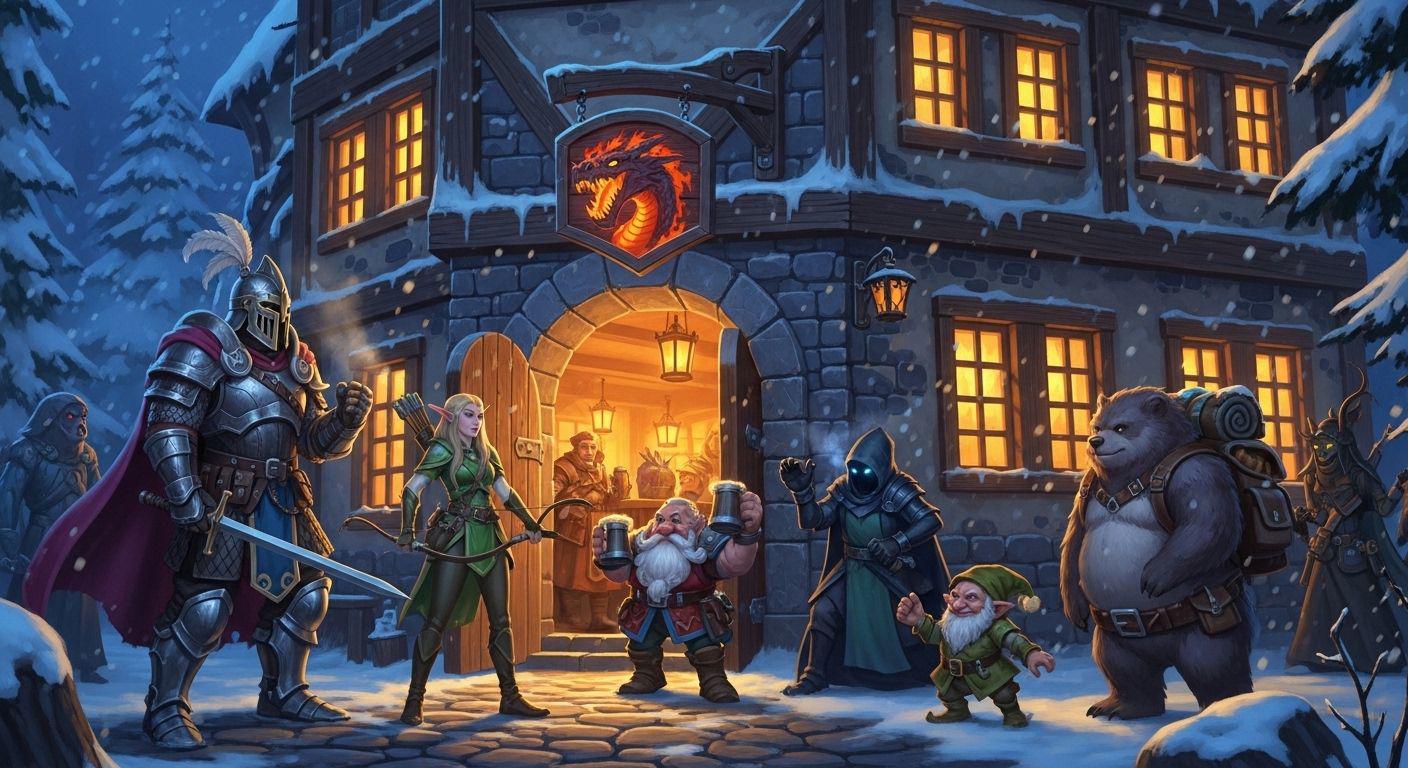 Cozy fantasy tavern at night, warm light from windows, adventurers and creatures at the door, sign with dragon, snowy path, atmospheric