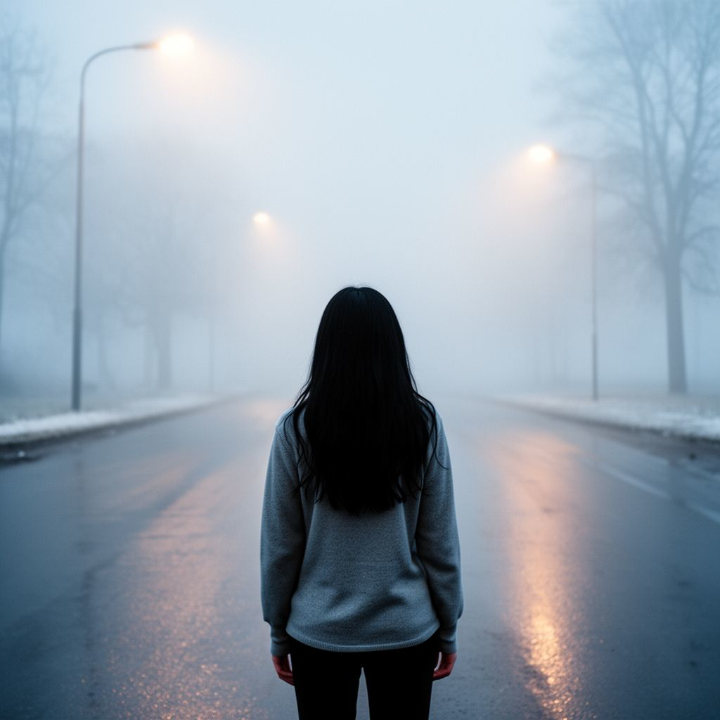 A girl with long black hair stands facing away, looking into the distance on a foggy road. The winter atmosphere feels cold and damp, like after a light rain. Thick February fog drifts across the empty road, reflecting soft, muted streetlight glow. The ground is slightly wet, adding subtle reflections. Pale blue and gray tones dominate the scene. The mood is quiet, melancholic, and cinematic, as if frozen in time. Cinematic composition, wide-angle shot, soft diffused lighting, shallow depth of field, realistic textures, gentle film grain, emotional winter atmosphere, like a scene from a slow, intimate film.