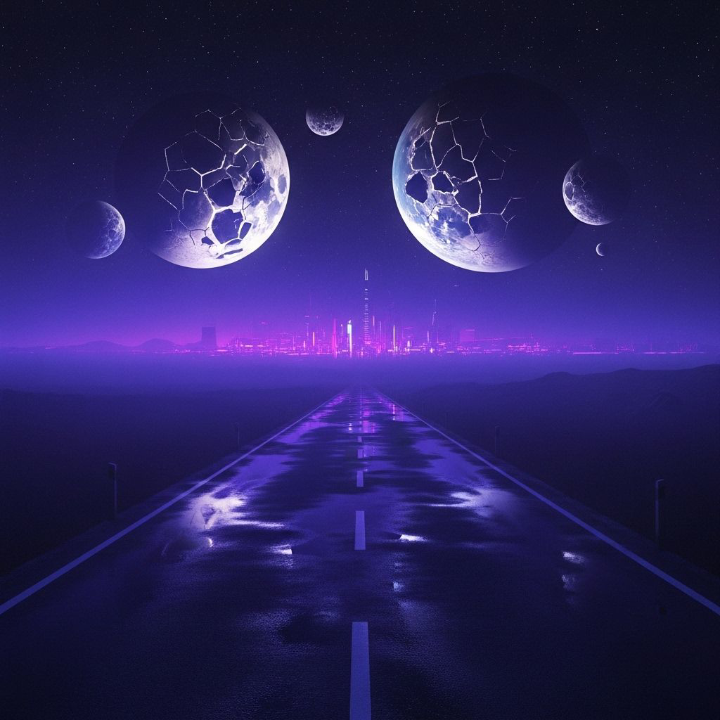 A dark, cinematic synthwave scene where a lonely night road fades into an otherworldly cosmic landscape. The city feels distant and abstract, barely visible through deep violet and blue mist. Above the horizon, massive planets and fractured moons glow softly, suspended in the dark sky like ancient celestial beings.