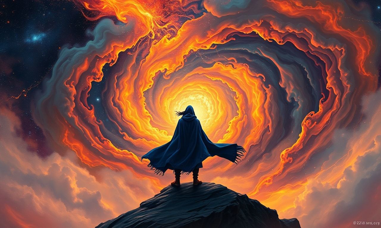 A lone wanderer, draped in a flowing indigo cloak, stands at the precipice of a swirling cosmic vortex, their silhouette sharply defined against the vibrant, fractal storm of energy. The maelstrom ...