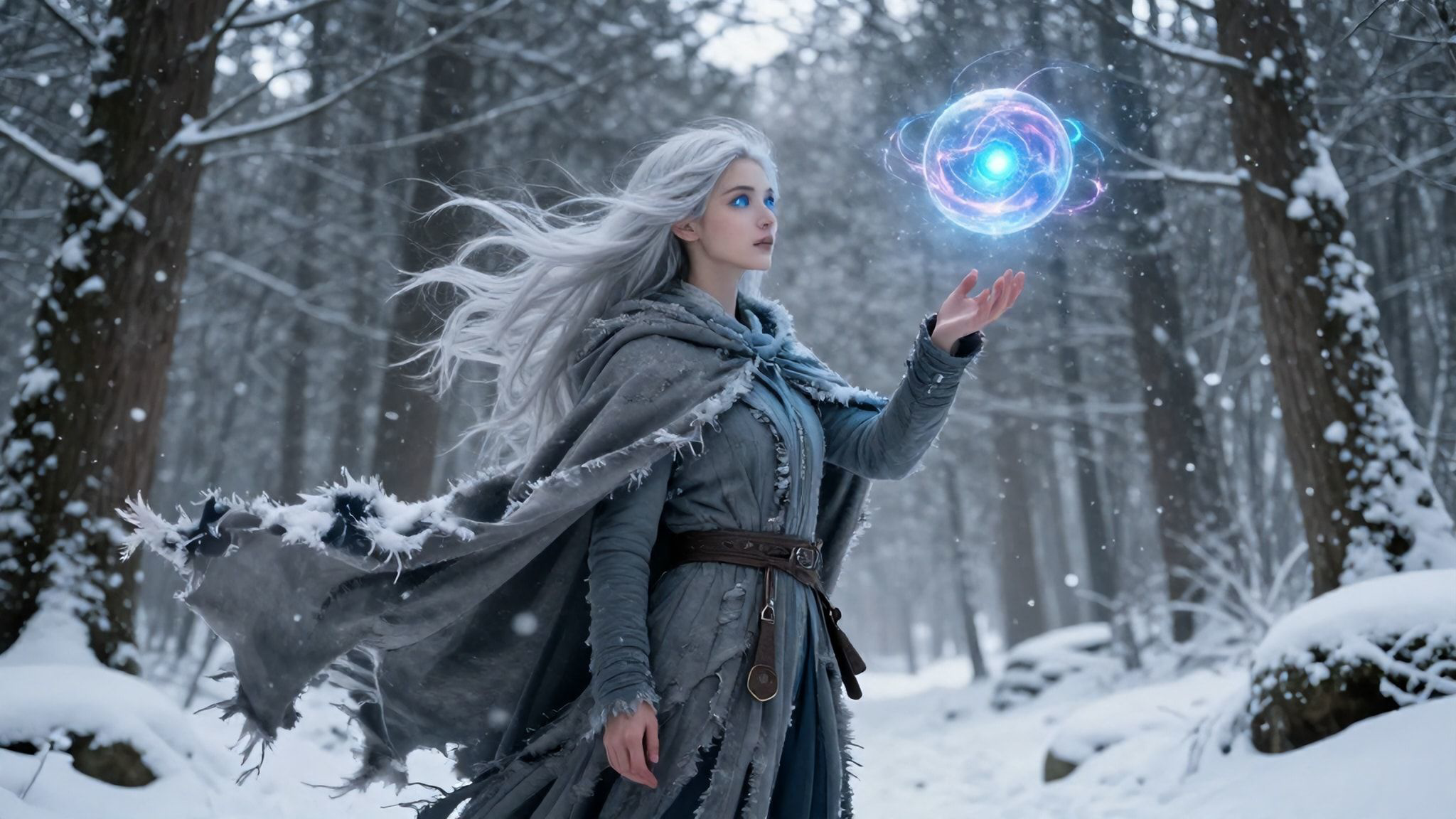 A mystical young woman with silver hair and glowing blue eyes stands amidst an ancient, snow-laden forest, her tattered cloak billowing in the icy wind as she gazes at a floating orb of ethereal li...