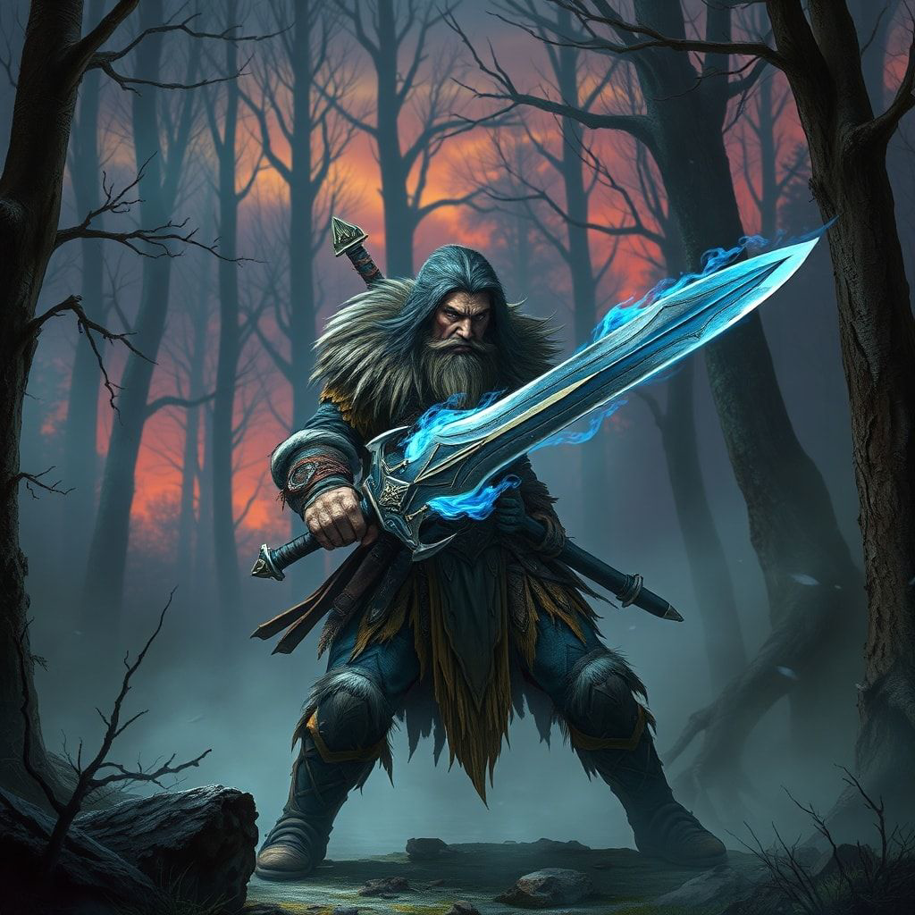 A battle-worn fantasy warrior, clad in tattered fur and enchanted steel, stands amidst a mist-shrouded forest at dusk, his sword glowing with ethereal blue flames as he faces an unseen foe, surroun...