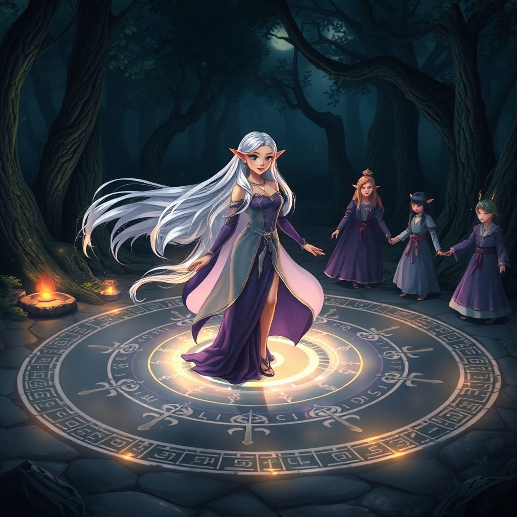 Elven magic circle ritual fantasy scene, beautiful elven maiden with long flowing silver hair standing inside a glowing magical circle, elegant elven woman in a flowing violet and silver dress with a serene expression, ancient runes and symbols forming a luminous circle on the ground, protective ward rising like a dome of light, other elven figures joining hands at the circle edge, sacred grove at night, soft moonlight and mystical particles, cinematic composition, cartoon style, anime art style, fantasy art style, mystical and protective mood, detailed and atmospheric, ethereal beauty, animated style, vibrant colors, cartoon style