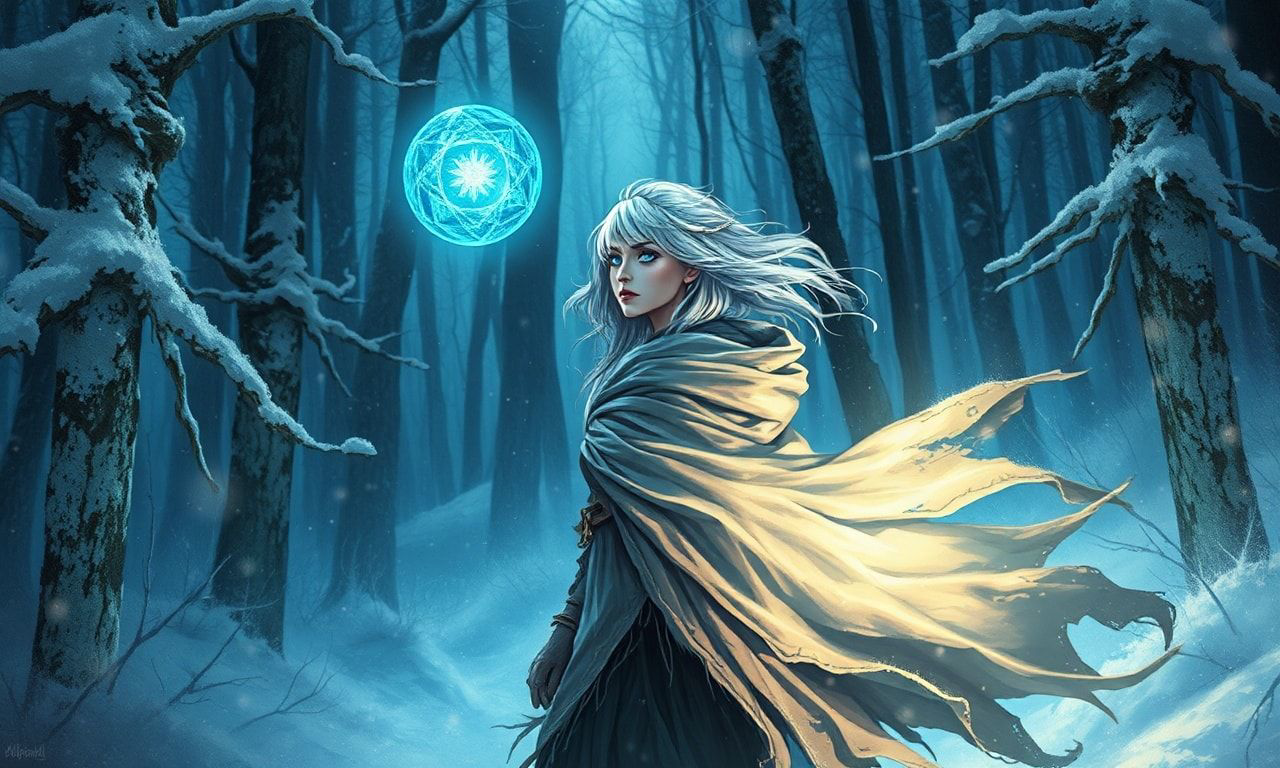A mystical young woman with silver hair and glowing blue eyes stands amidst an ancient, snow-laden forest, her tattered cloak billowing in the icy wind as she gazes at a floating orb of ethereal li...