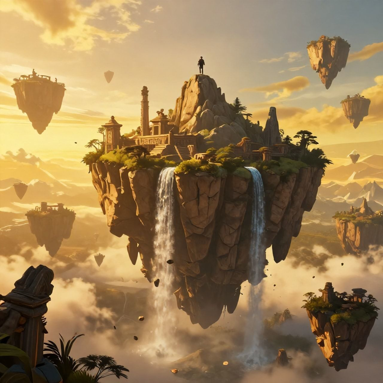 A vast expanse of floating islands drifts through a golden twilight sky, their jagged cliffs adorned with ancient ruins and cascading waterfalls. A lone adventurer stands atop the highest peak, sil...