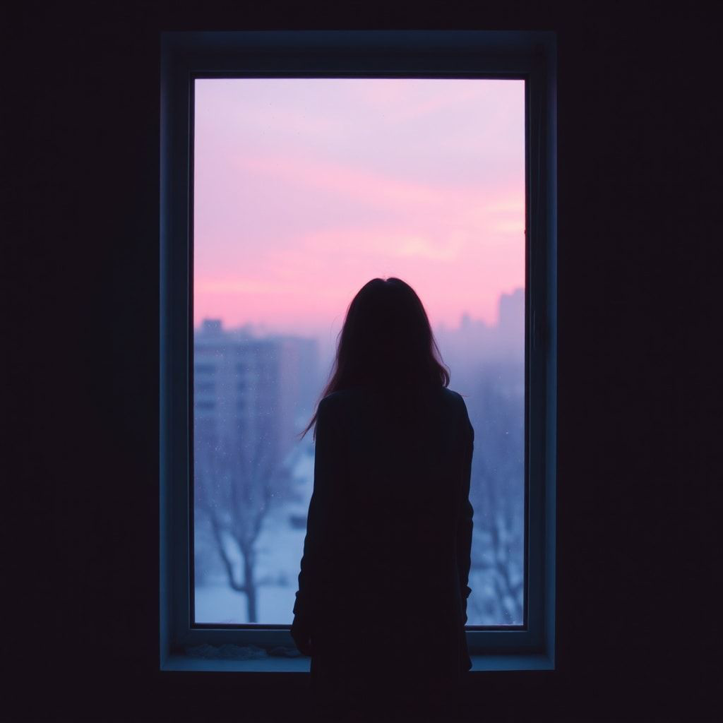 A girl stands inside a quiet room, facing away, looking out through a window. Outside, a foggy February winter unfolds — light snowfall drifts slowly through the air, and the sky glows with soft violet and muted purple tones. The city beyond the glass feels distant and blurred by mist. Cold winter light enters the room gently, casting subtle shadows. The atmosphere is calm, introspective, and emotional, capturing a moment of stillness and inner change. Cinematic composition, soft diffused lighting, shallow depth of field, cool color palette with violet accents, misty winter mood, realistic textures, gentle film grain, intimate and poetic atmosphere, like a scene from a quiet winter film.
