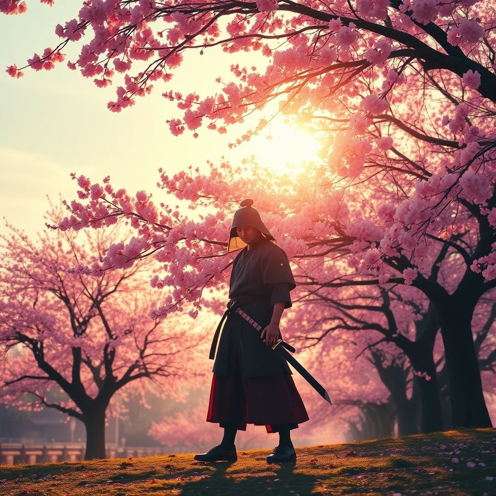 A lone samurai stands beneath a canopy of delicate pink cherry blossoms, his katana resting at his side, bathed in the soft golden light of early morning, surrounded by a gentle breeze that stirs t...