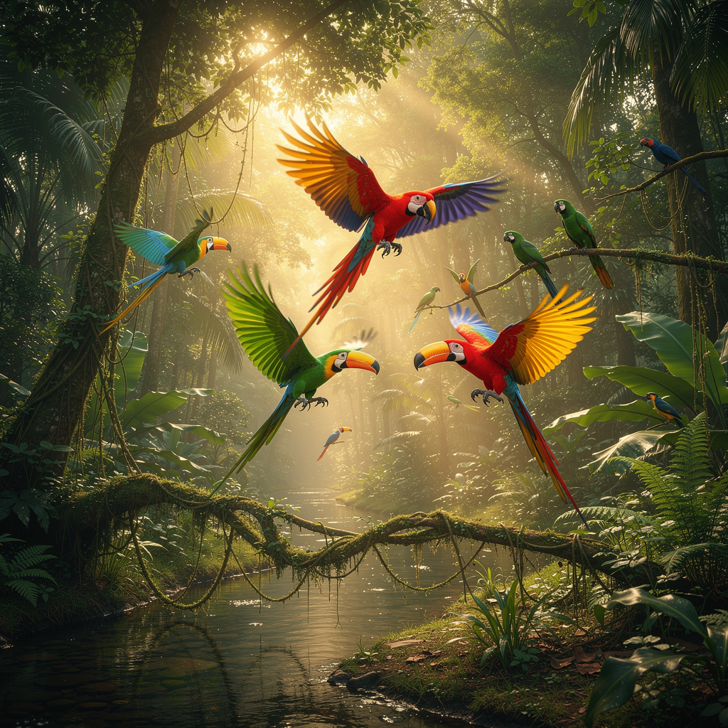 A lush tropical rainforest bathed in golden morning light filtering through dense emerald foliage, where vibrant macaws and toucans take flight in a burst of crimson, cobalt, and emerald. Thick vin...