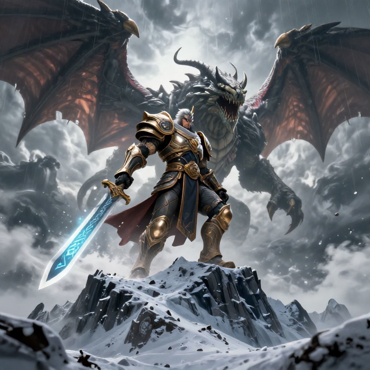 A towering, armored warrior stands atop a snow-capped peak, wielding a glowing rune-etched blade as a colossal, scaled beast descends from storm-wracked skies, its wings casting jagged shadows over...