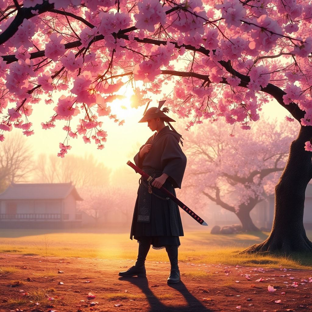 A lone samurai stands beneath a canopy of delicate pink cherry blossoms, his katana resting at his side, bathed in the soft golden light of early morning, surrounded by a gentle breeze that stirs t...