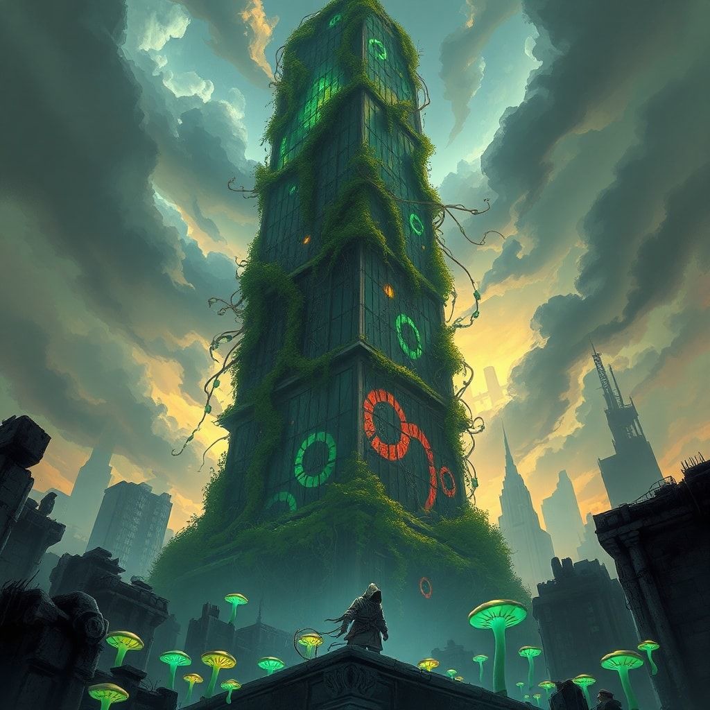 A towering, vine-choked skyscraper looms over a fractured metropolis, its glass panes shattered like dragon scales, while bioluminescent fungi pulse in the ruins below. A lone, hooded figure stands...
