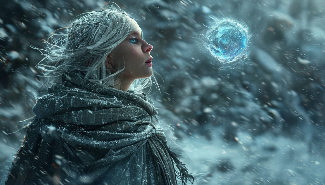 A mystical young woman with silver hair and glowing blue eyes stands amidst an ancient, snow-laden forest, her tattered cloak billowing in the icy wind as she gazes at a floating orb of ethereal li...