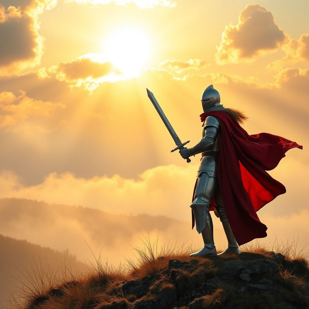 A lone knight in polished silver armor stands atop a misty hill at dawn, his sword gleaming as golden sunlight breaks through the clouds, casting long dramatic shadows. The wind rustles his crimson...