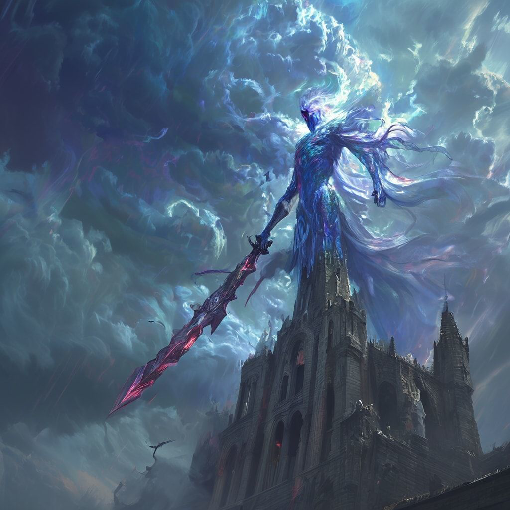 A towering, ethereal figure with silver-blue skin and glowing crimson eyes stands atop a ruined cathedral, wreathed in swirling shadows, raising a jagged obsidian blade as storm clouds churn overhe...