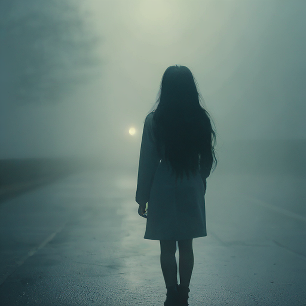 A girl with long black hair stands facing away, looking into the distance on a foggy road. The winter atmosphere feels cold and damp, like after a light rain. Thick February fog drifts across the empty road, reflecting soft, muted streetlight glow. The ground is slightly wet, adding subtle reflections. Pale blue and gray tones dominate the scene. The mood is quiet, melancholic, and cinematic, as if frozen in time. Cinematic composition, wide-angle shot, soft diffused lighting, shallow depth of field, realistic textures, gentle film grain, emotional winter atmosphere, like a scene from a slow, intimate film.