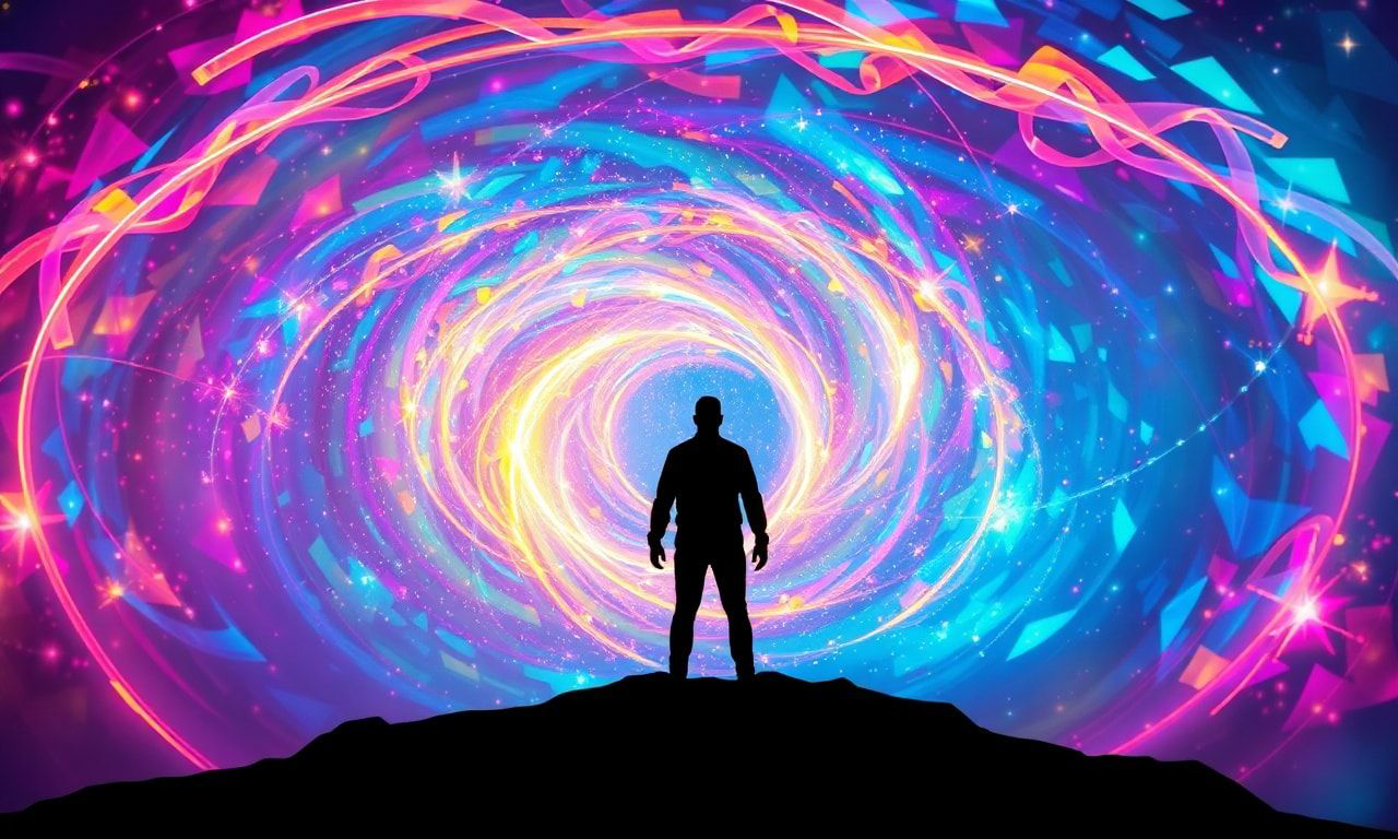A lone figure stands at the threshold of an ever-expanding, iridescent vortex, their silhouette sharply defined against a swirling galaxy of geometric chaos, where neon ribbons of light dance in pe...